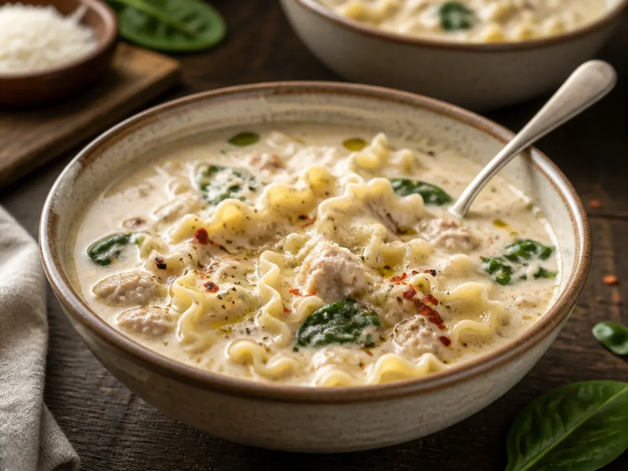 Quick 30-minute white lasagna soup ready to serve on the stovetop