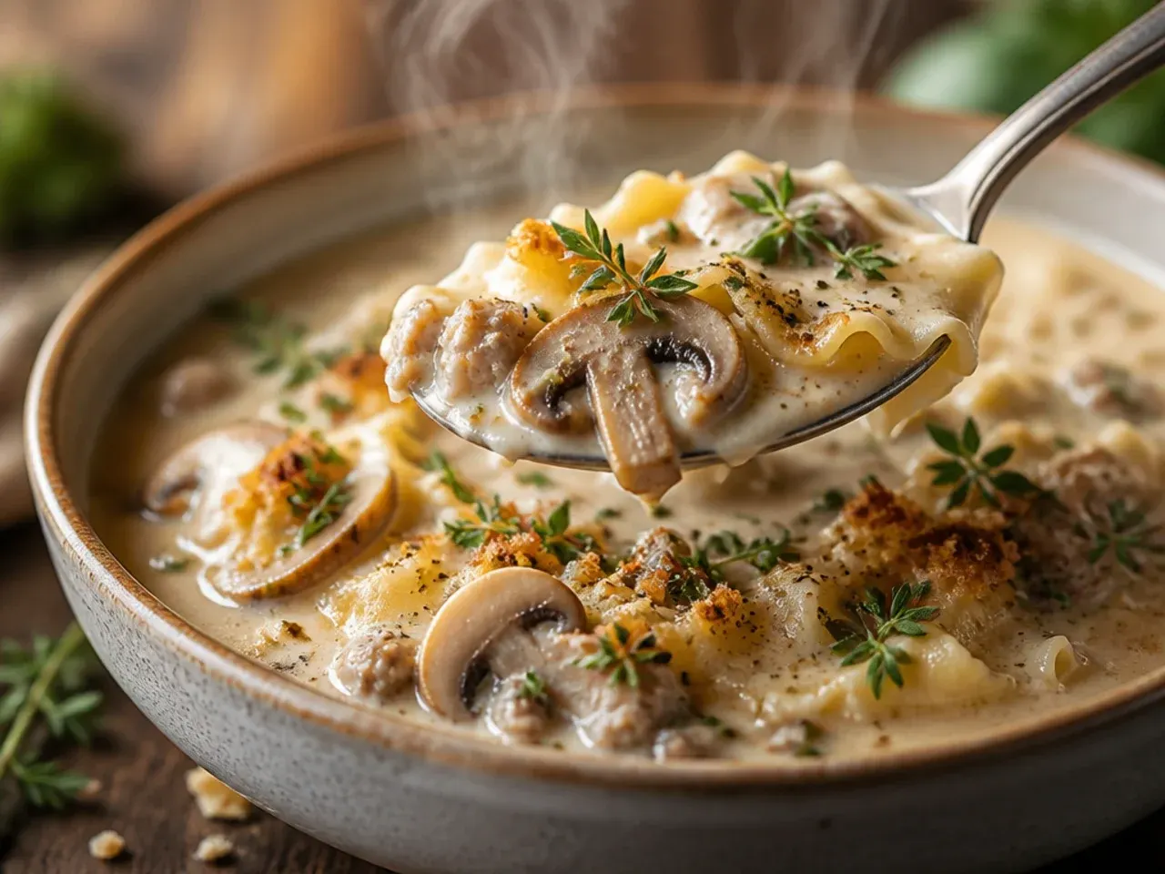 Rustic white lasagna soup with browned mushrooms and chives