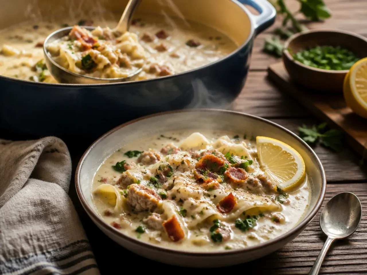 Loaded white lasagna soup topped with crispy bacon and sausage