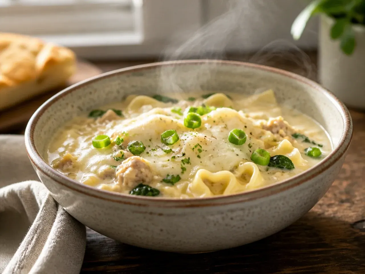Family-friendly mild white lasagna soup in a kid-sized bowl