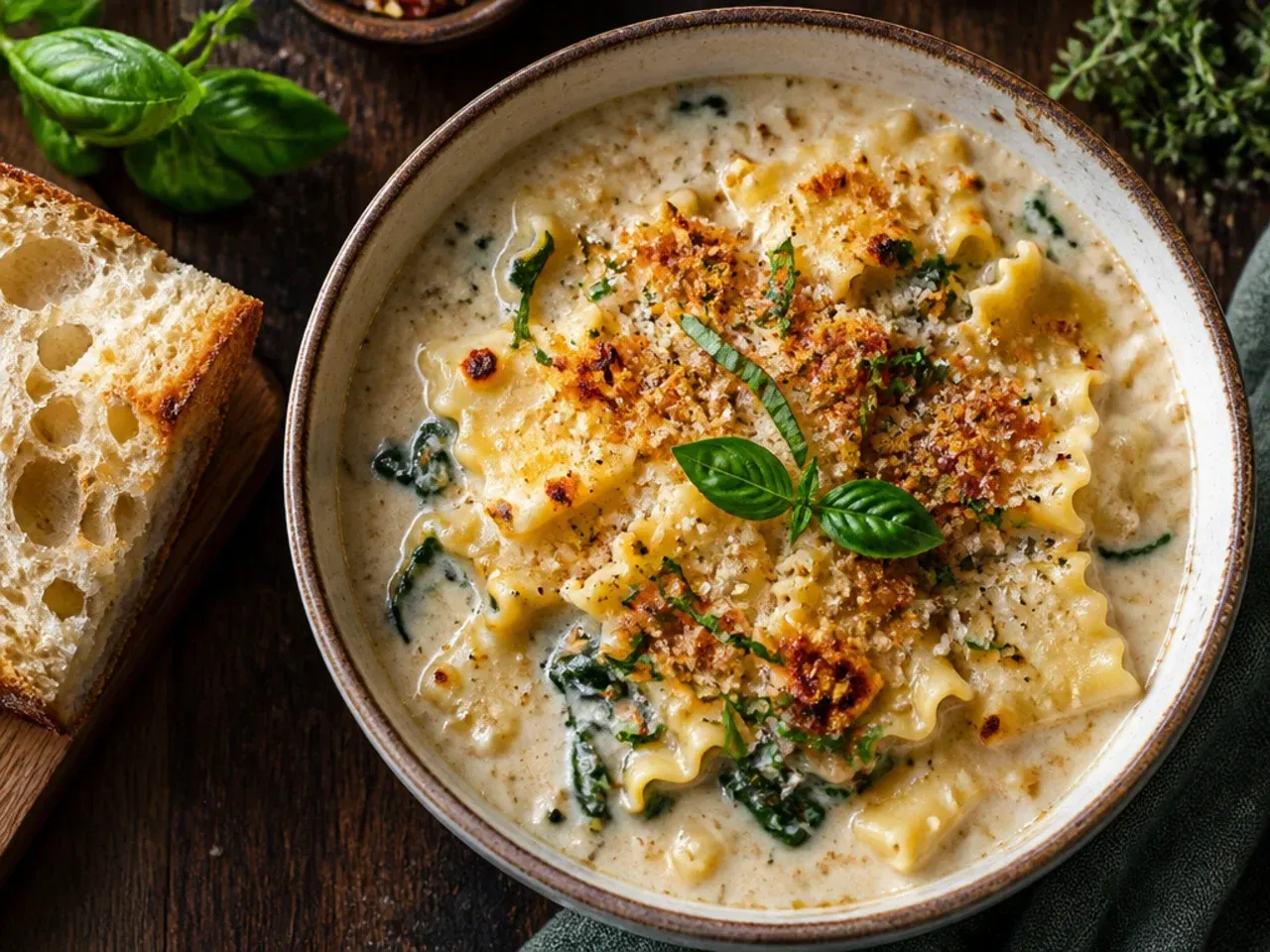 White lasagna soup with a bubbling, golden broiled cheese topping