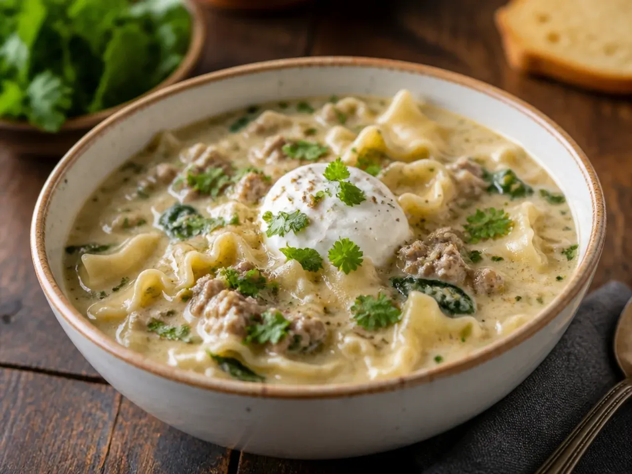One-pot white lasagna soup cooked entirely in a single Dutch oven