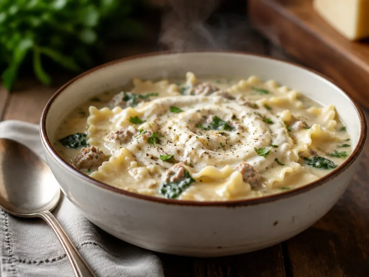 Slow cooker filled with creamy white lasagna soup