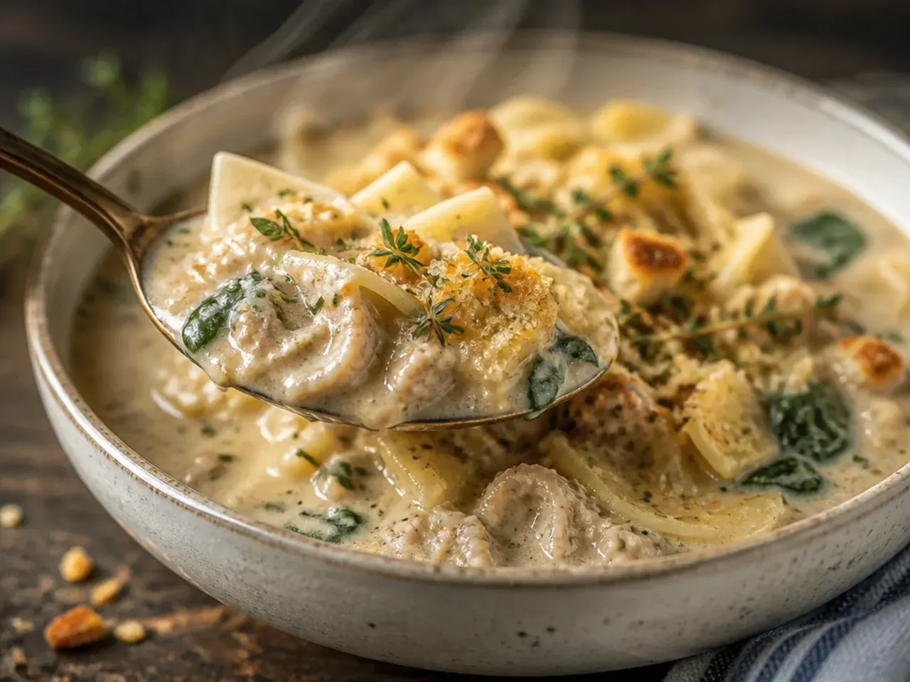 Dairy-free white lasagna soup made with oat cream