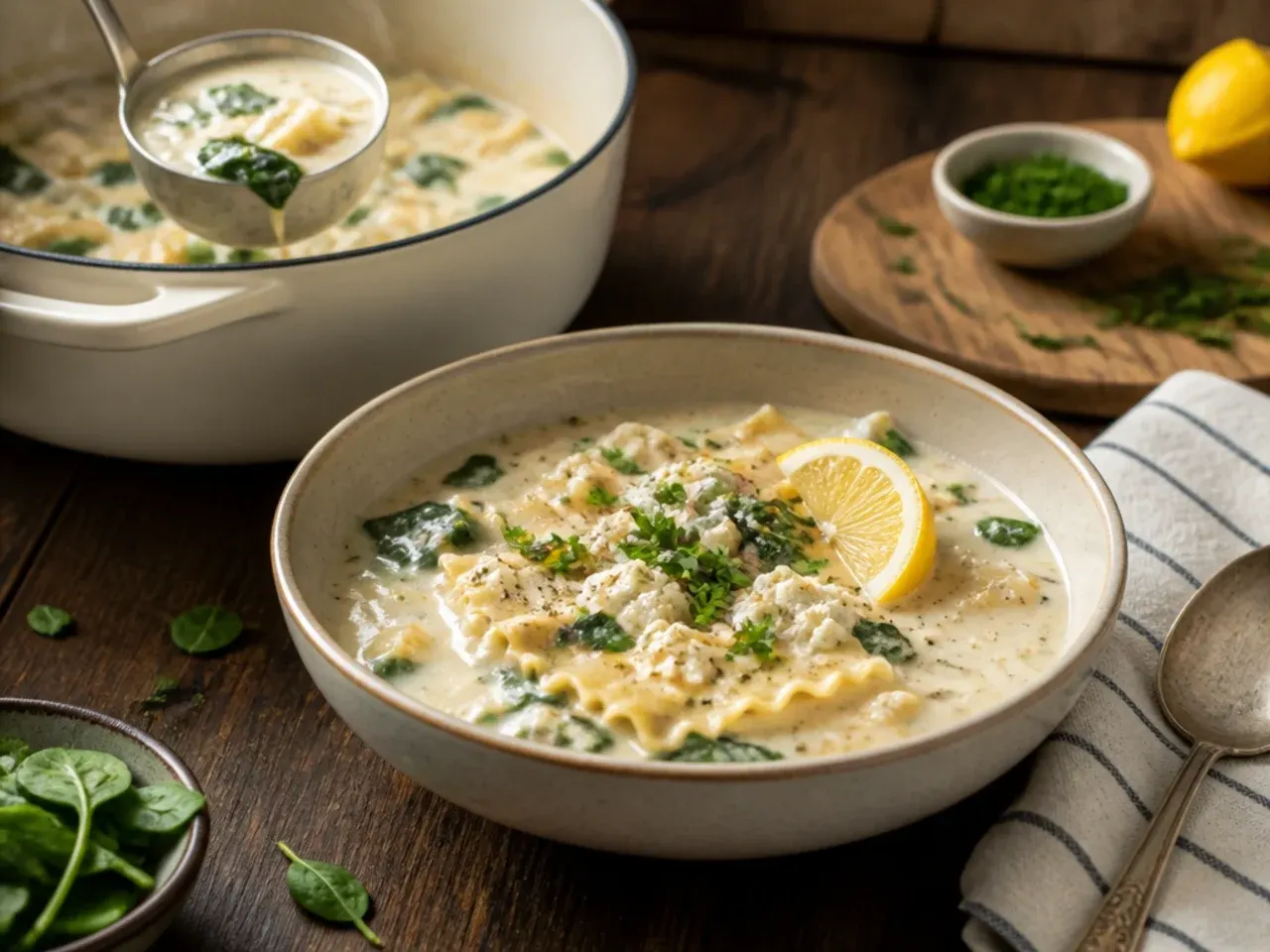 Vegetarian white lasagna soup with mushrooms and white beans