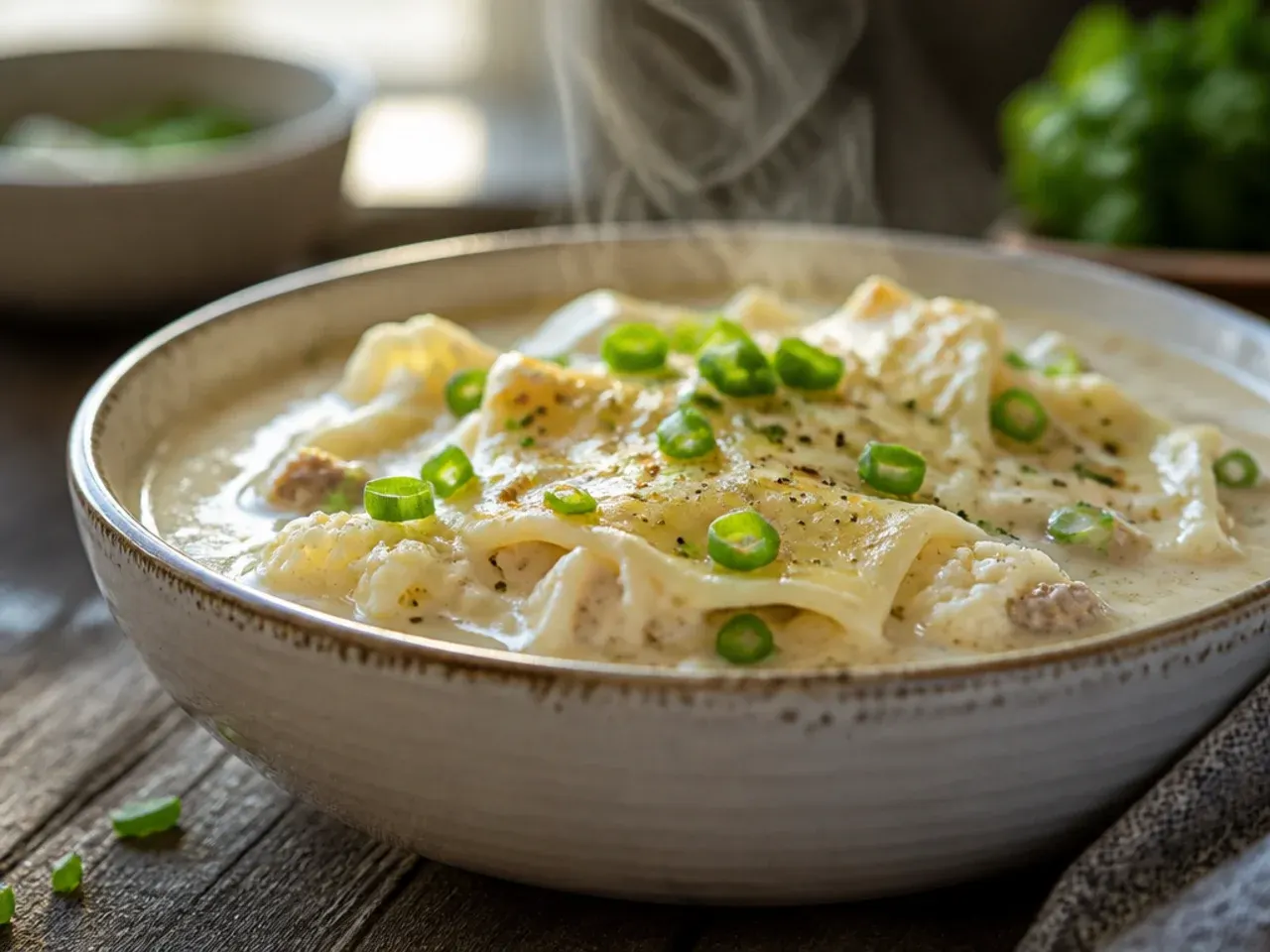Low-carb white lasagna soup made with cauliflower instead of pasta