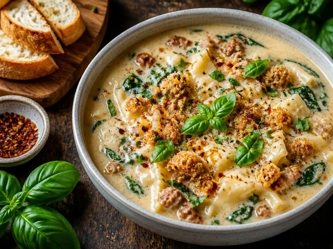 Spicy white lasagna soup with red chilli flecks through the broth