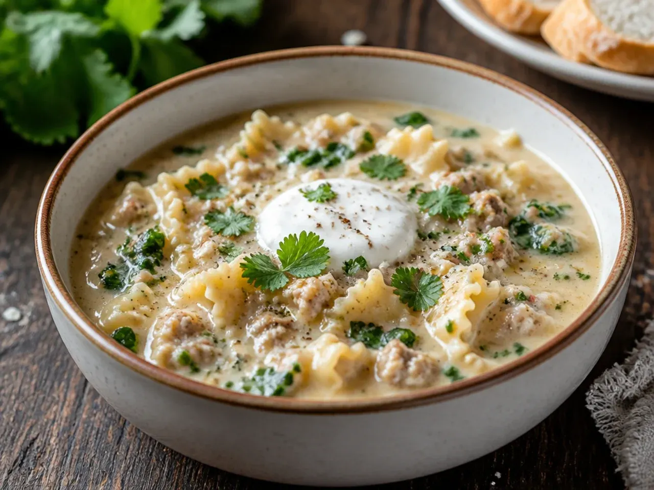Kid-friendly white lasagna soup with small pasta pieces