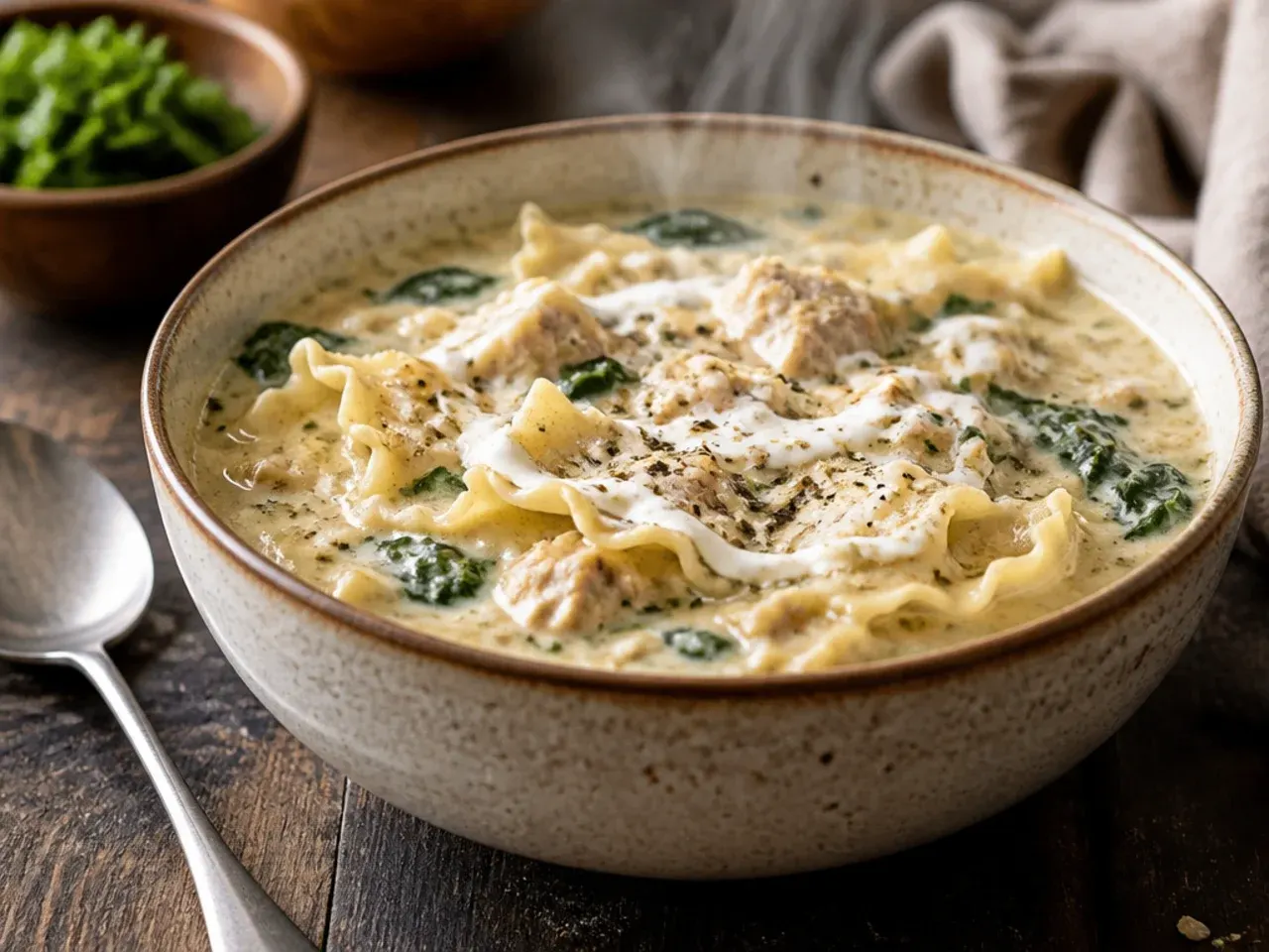 Meal-prep containers of white lasagna soup with noodles stored separately