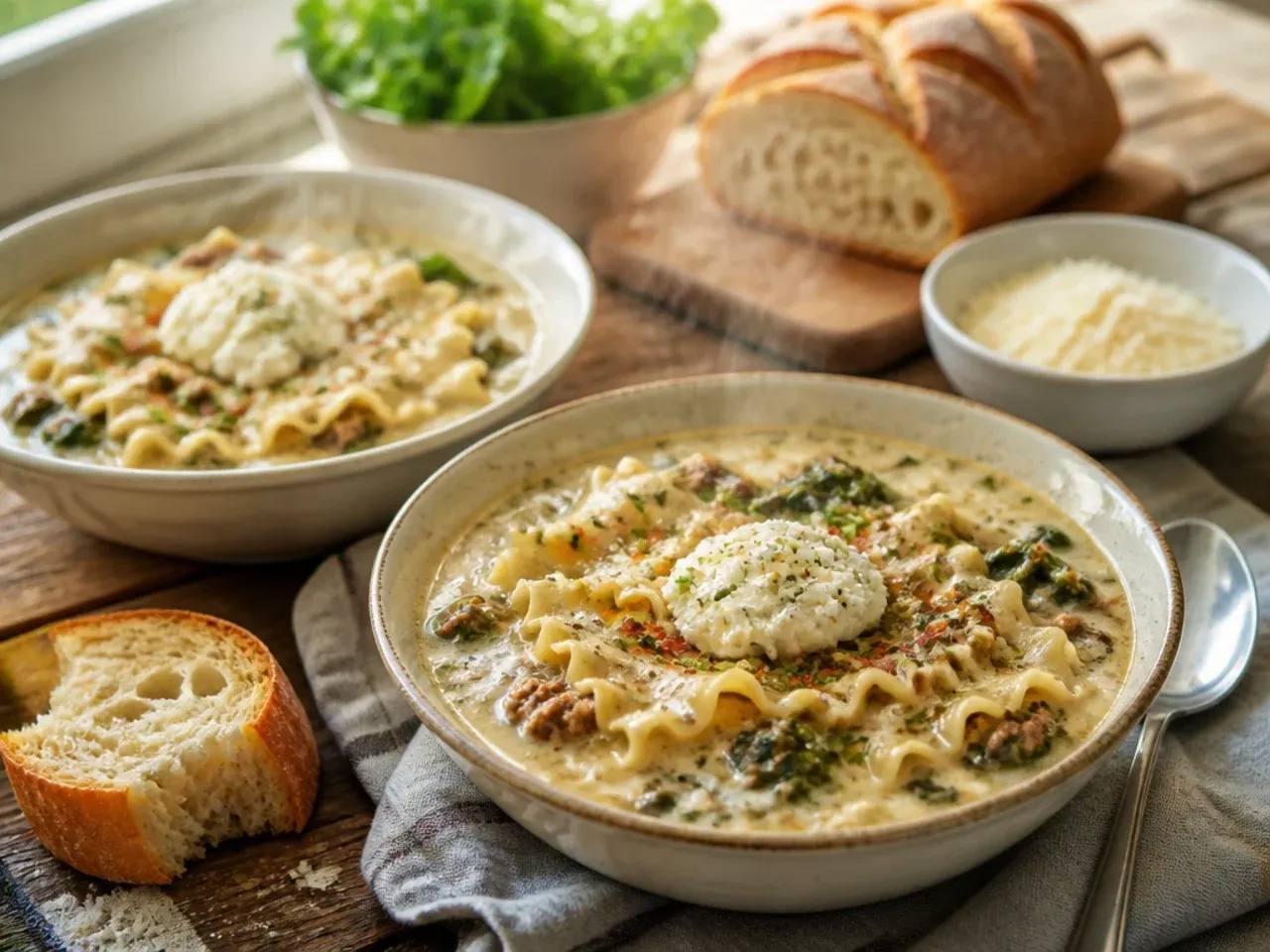 Bowl of white lasagna soup served with garlic bread and a side salad