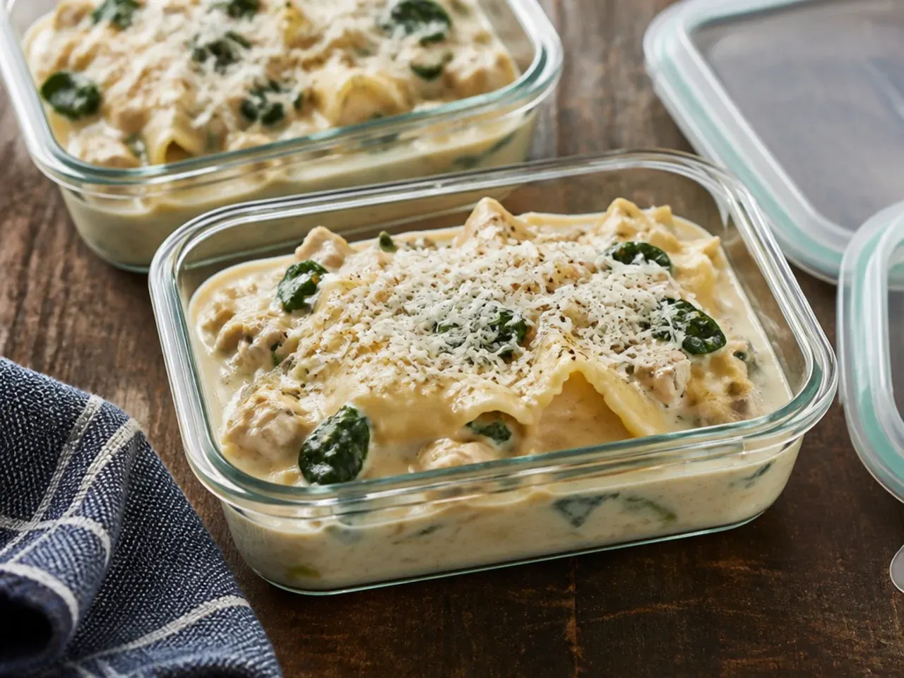 Airtight container of leftover white lasagna soup ready to refrigerate