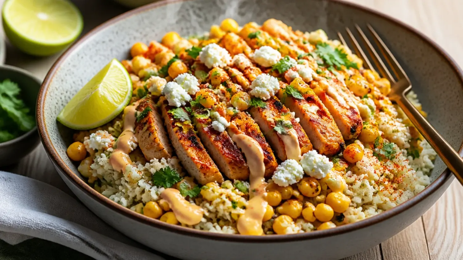 A WW street corn chicken rice bowl with charred corn, light lime-cotija sauce, sliced lean chicken breast and rice in a white bowl