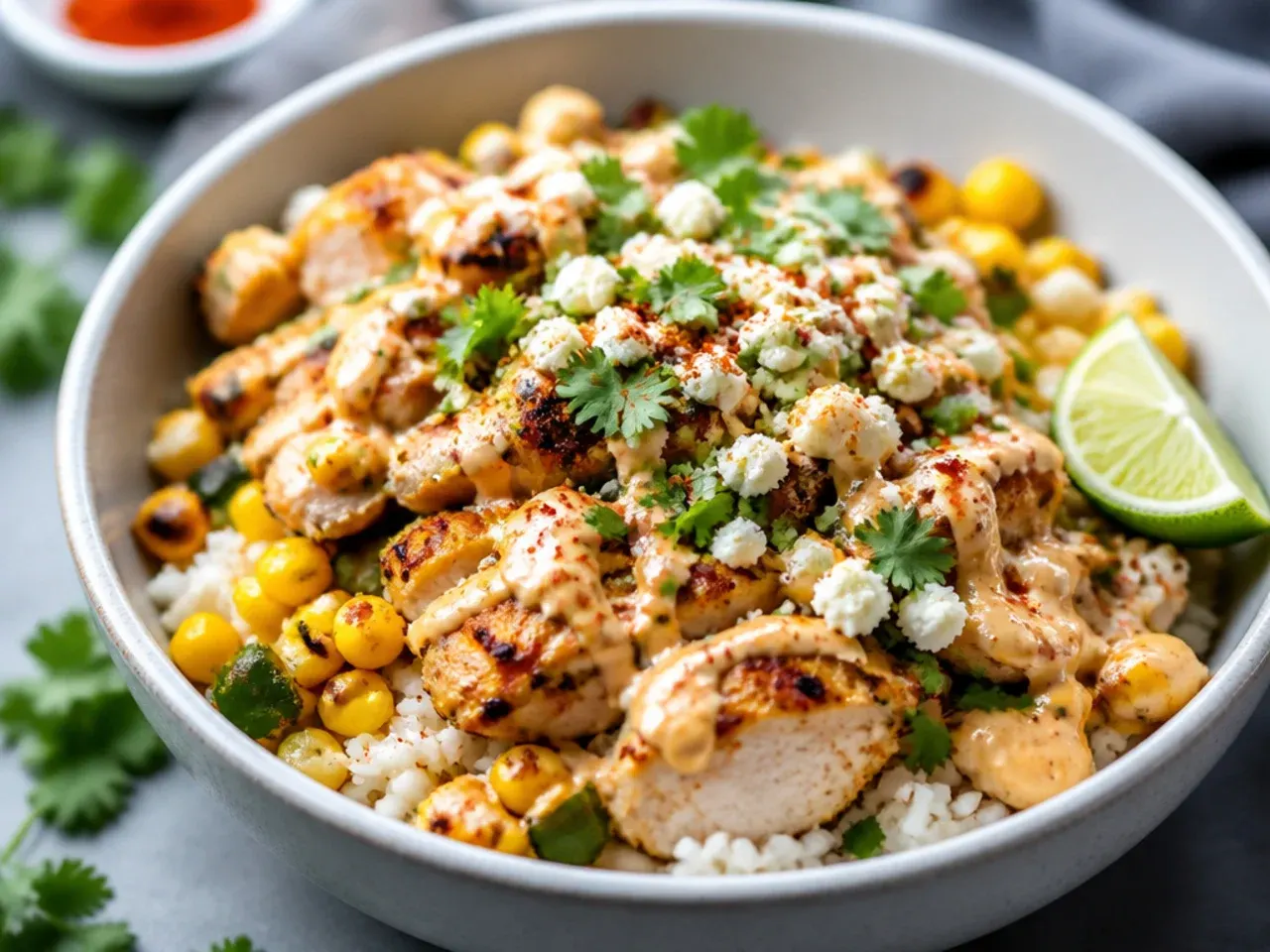 Overhead shot of lean chicken, corn, rice and light sauce ingredients laid out for a WW bowl