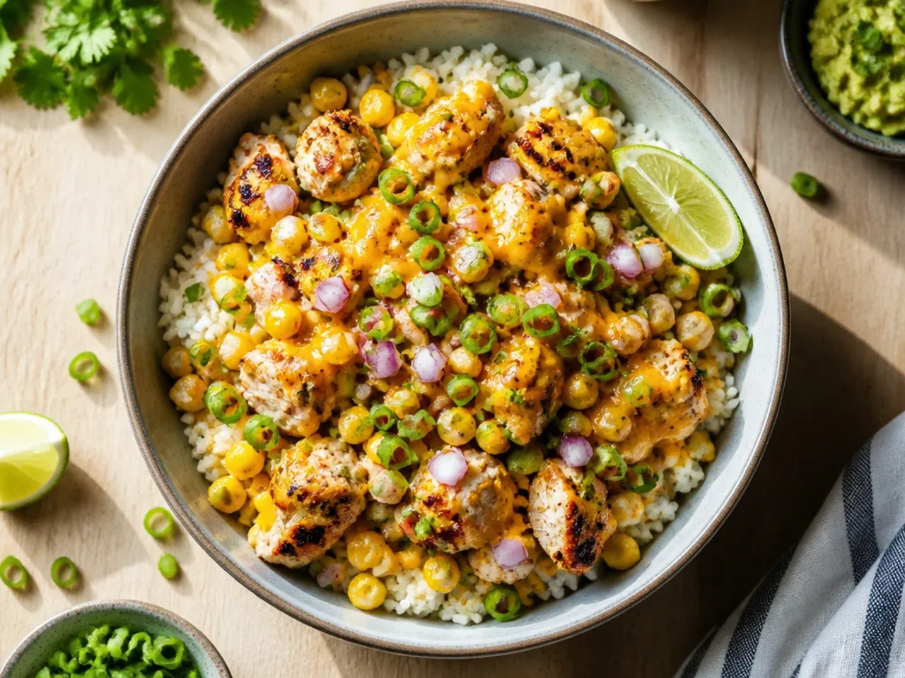 Classic WW street corn chicken rice bowl with charred corn and sliced lean chicken breast