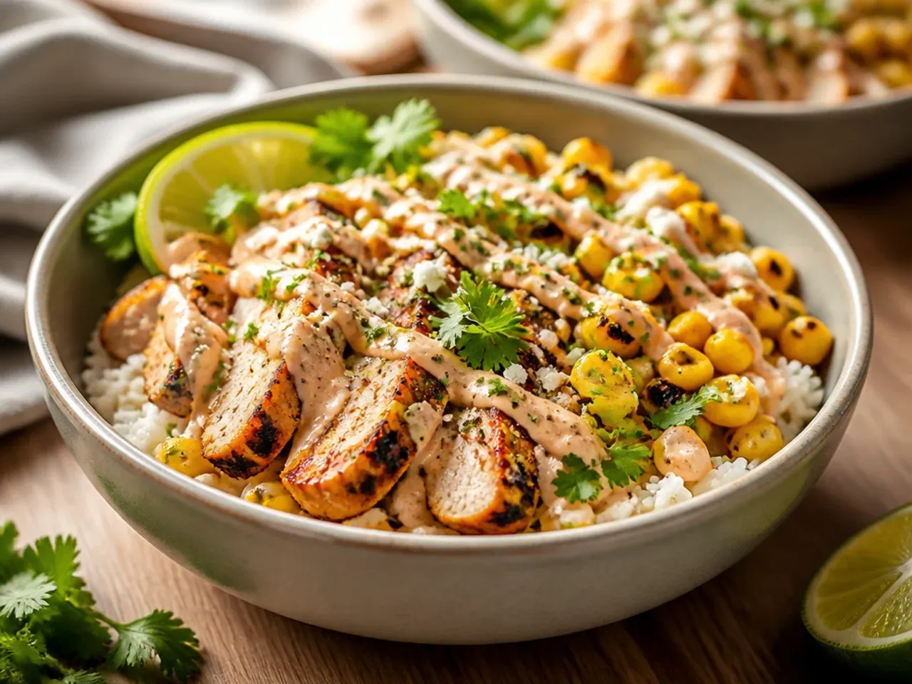 Quick easy WW street corn chicken rice bowl assembled in one bowl