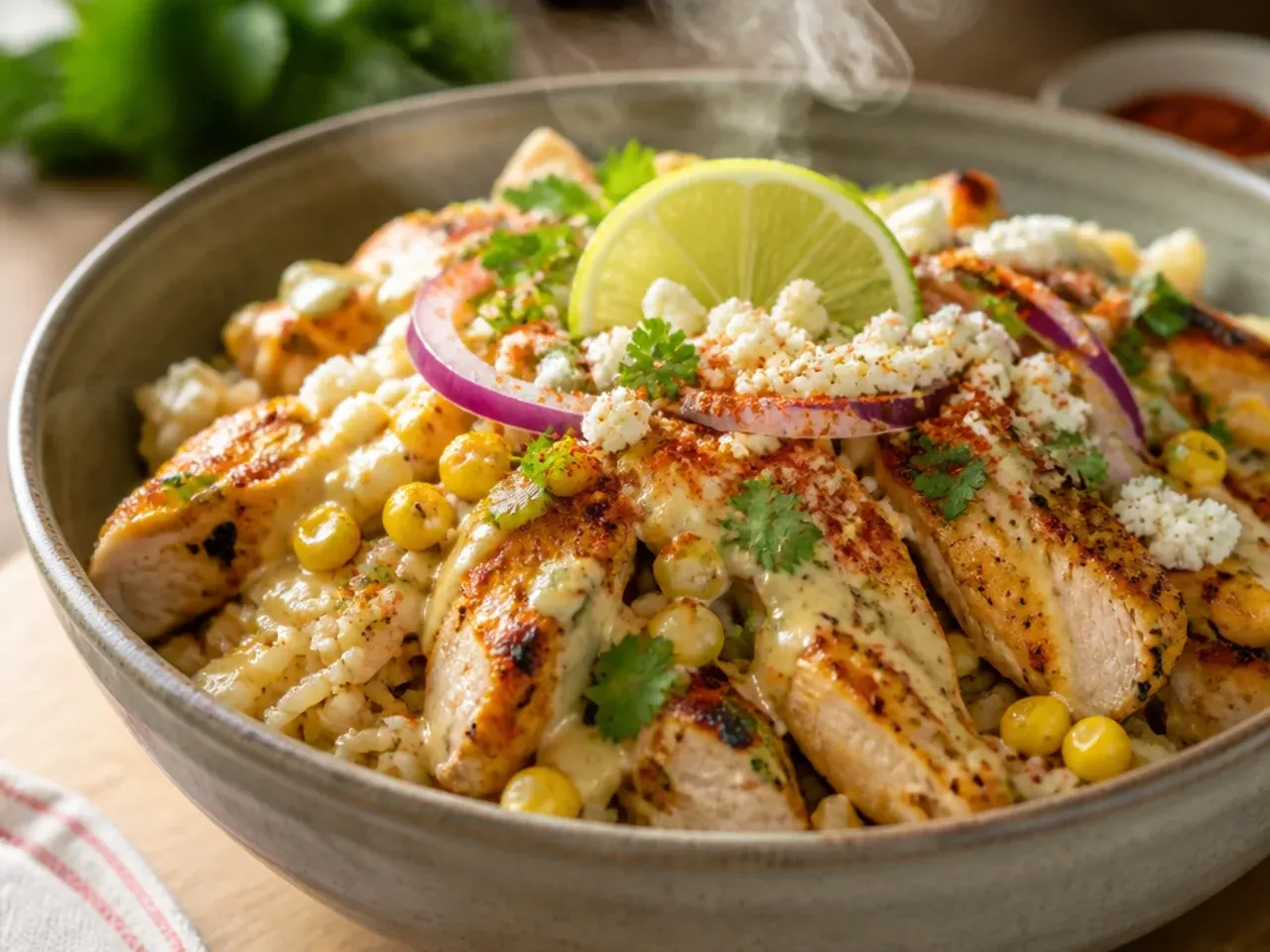 Roasted corn and chicken breast pieces served over rice, steam rising