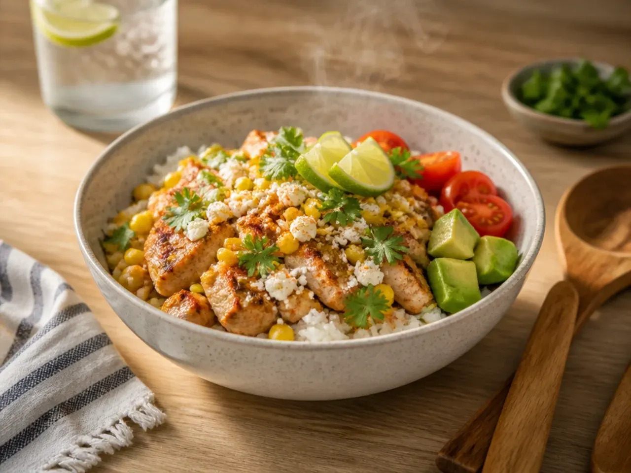 Simple six-ingredient WW street corn chicken rice bowl
