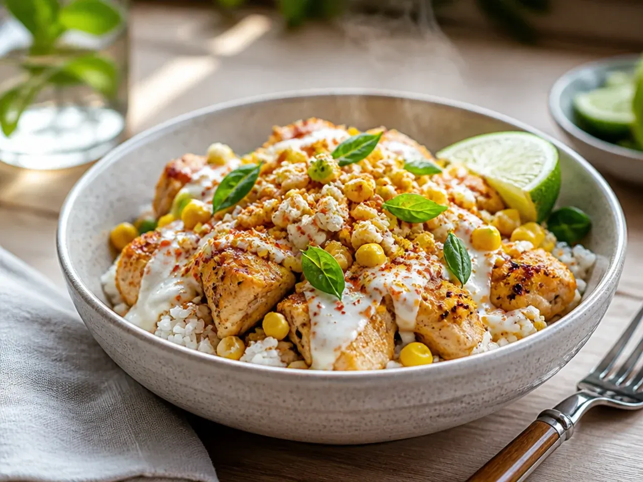 Creamy Greek yoghurt elote-style sauce poured over a WW chicken rice bowl