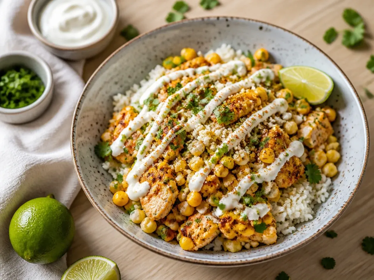 Loaded WW street corn chicken bowl with black beans, lettuce and tomato
