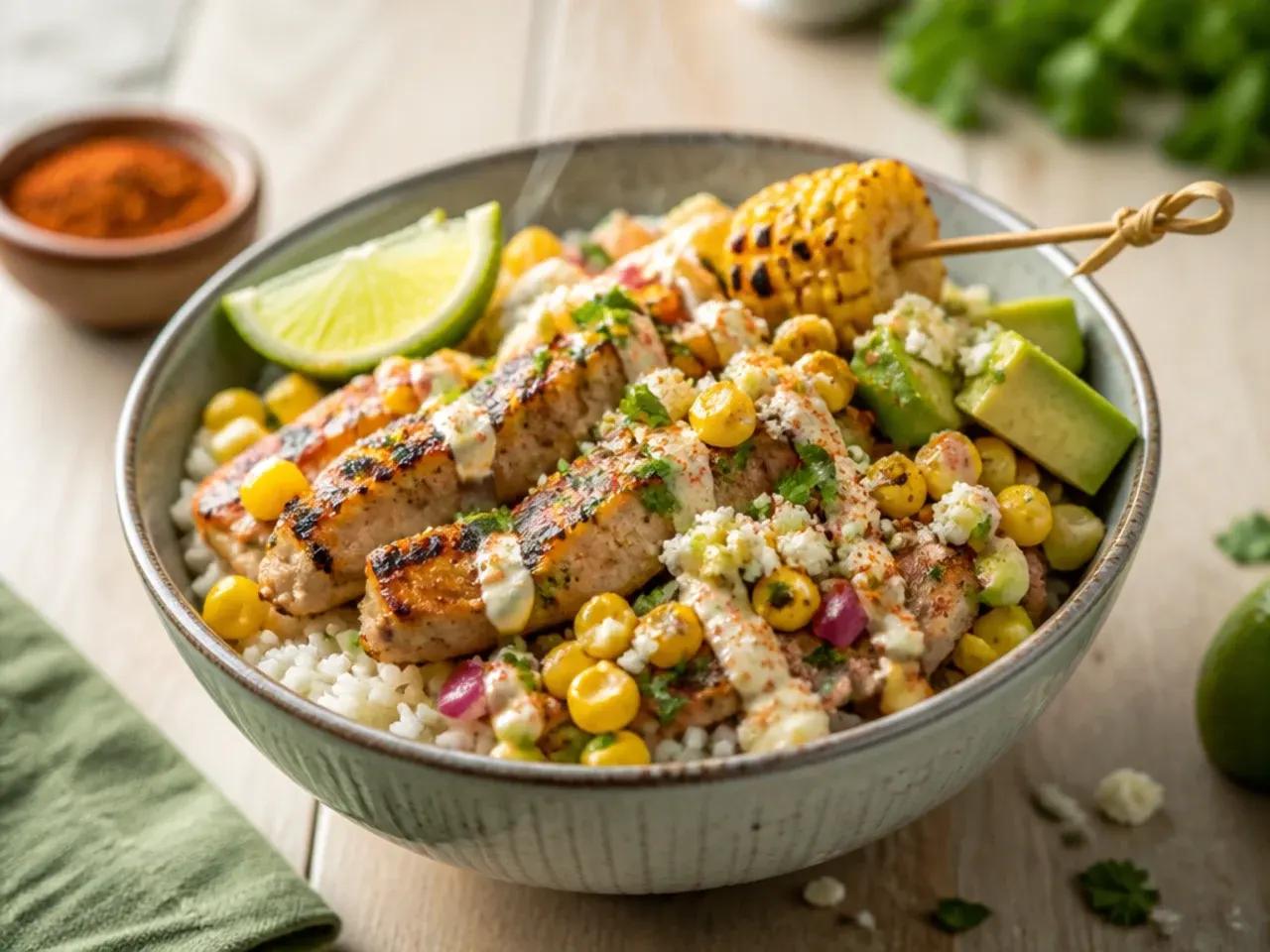Grilled chipotle chicken and charred corn cobs beside a WW rice bowl