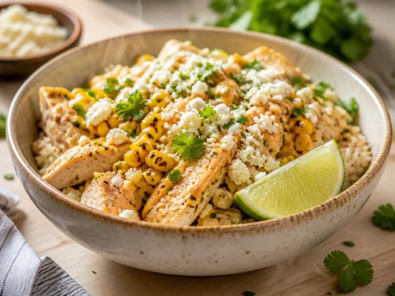WW street corn chicken rice bowl topped with a light scatter of crumbled cotija