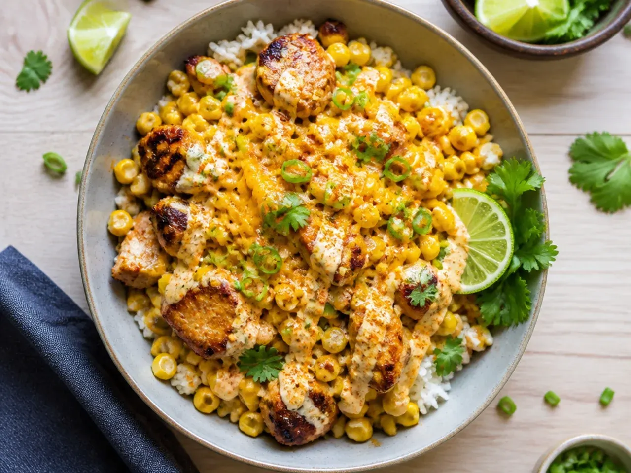 Budget-friendly WW street corn chicken rice bowl made with frozen corn and chicken thighs