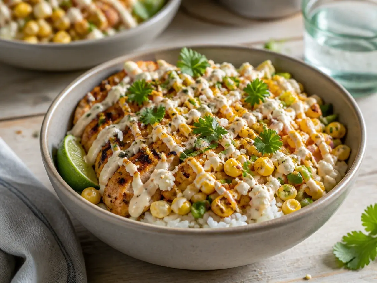 Sheet pan of roasted chicken and corn set up buffet-style for a crowd