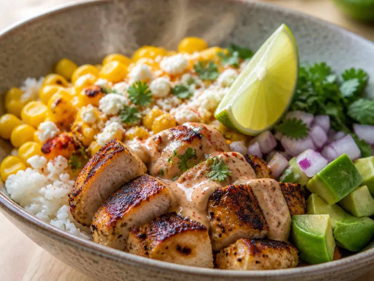 Meal-prep containers of WW street corn chicken rice bowl components portioned for the week