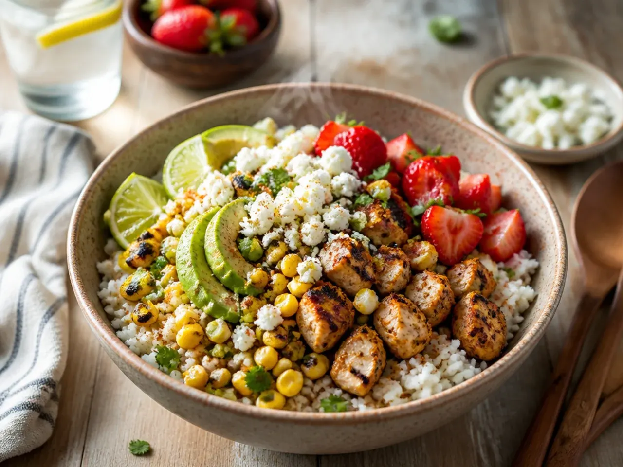 Mild family-style WW street corn chicken rice bowl without chilli or jalapeño