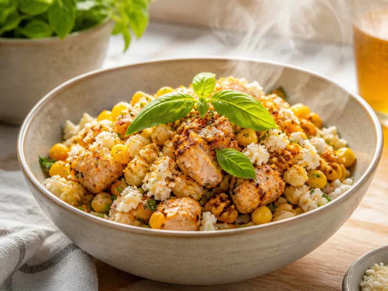 Festive summer spread of WW street corn chicken rice bowls with grilled corn cobs