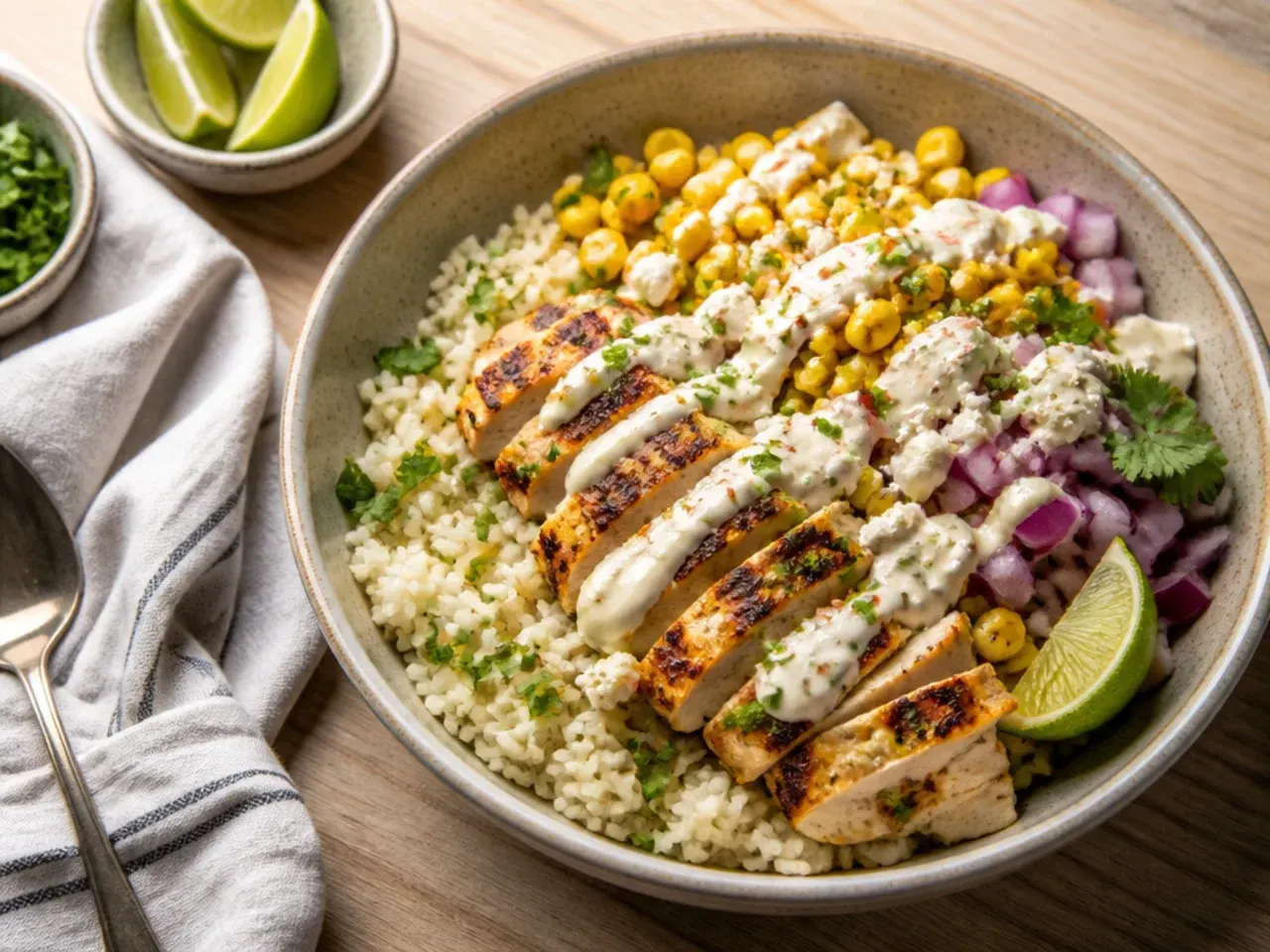Shredded skinless rotisserie chicken WW street corn rice bowl ready in minutes