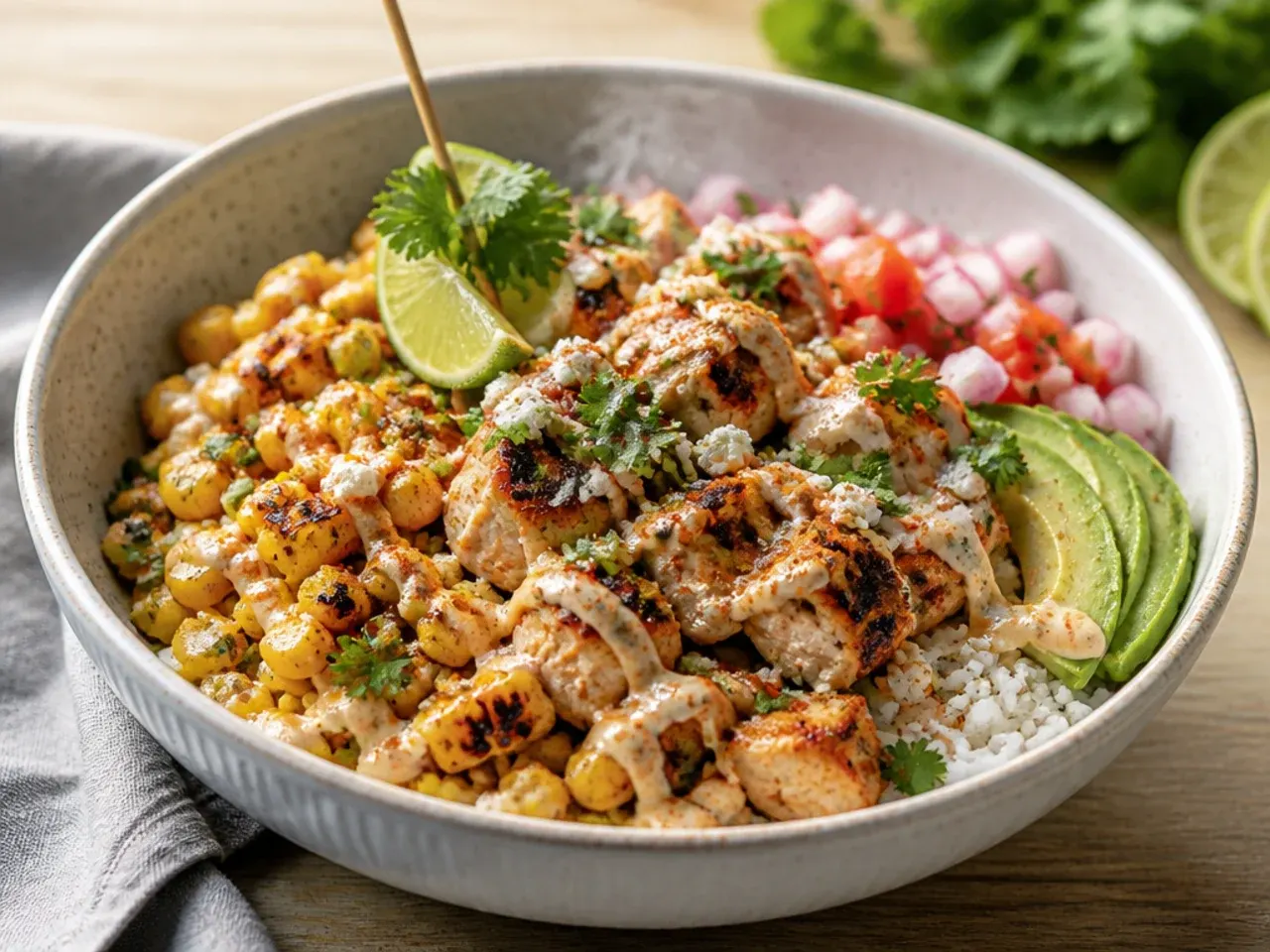 Fresh corn cobs, raw rice and lime being prepared for a from-scratch WW bowl