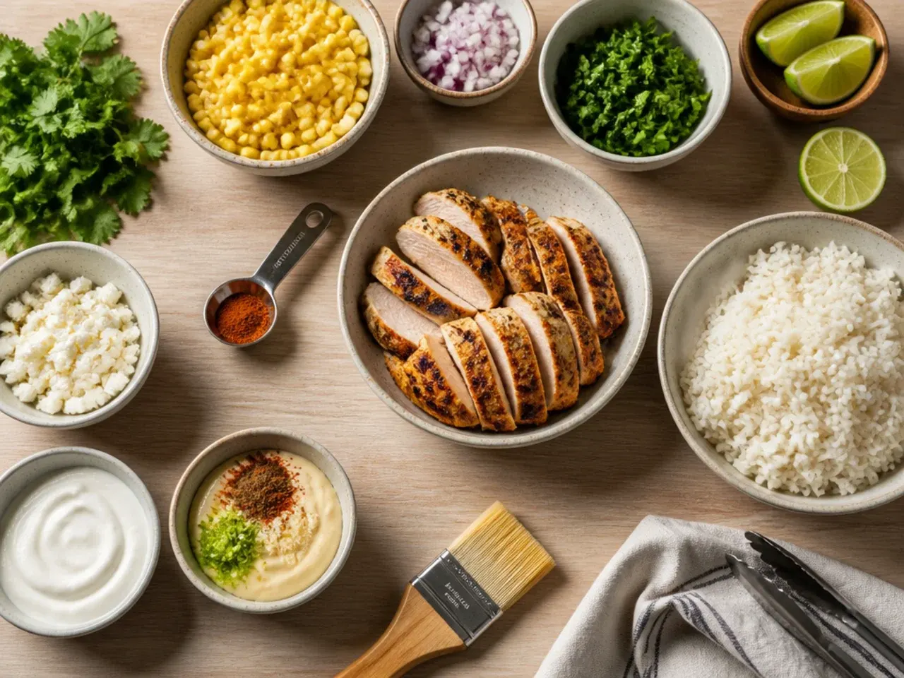 Close-up of charred corn kernels and a light lime sauce in a skillet