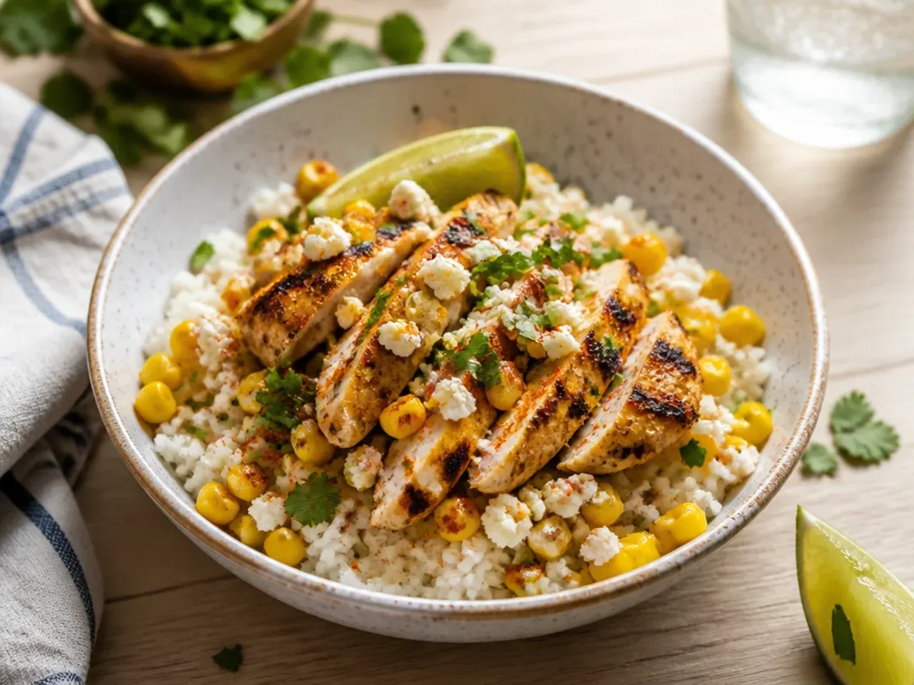 WW street corn chicken rice bowl served with a large lime-dressed side salad