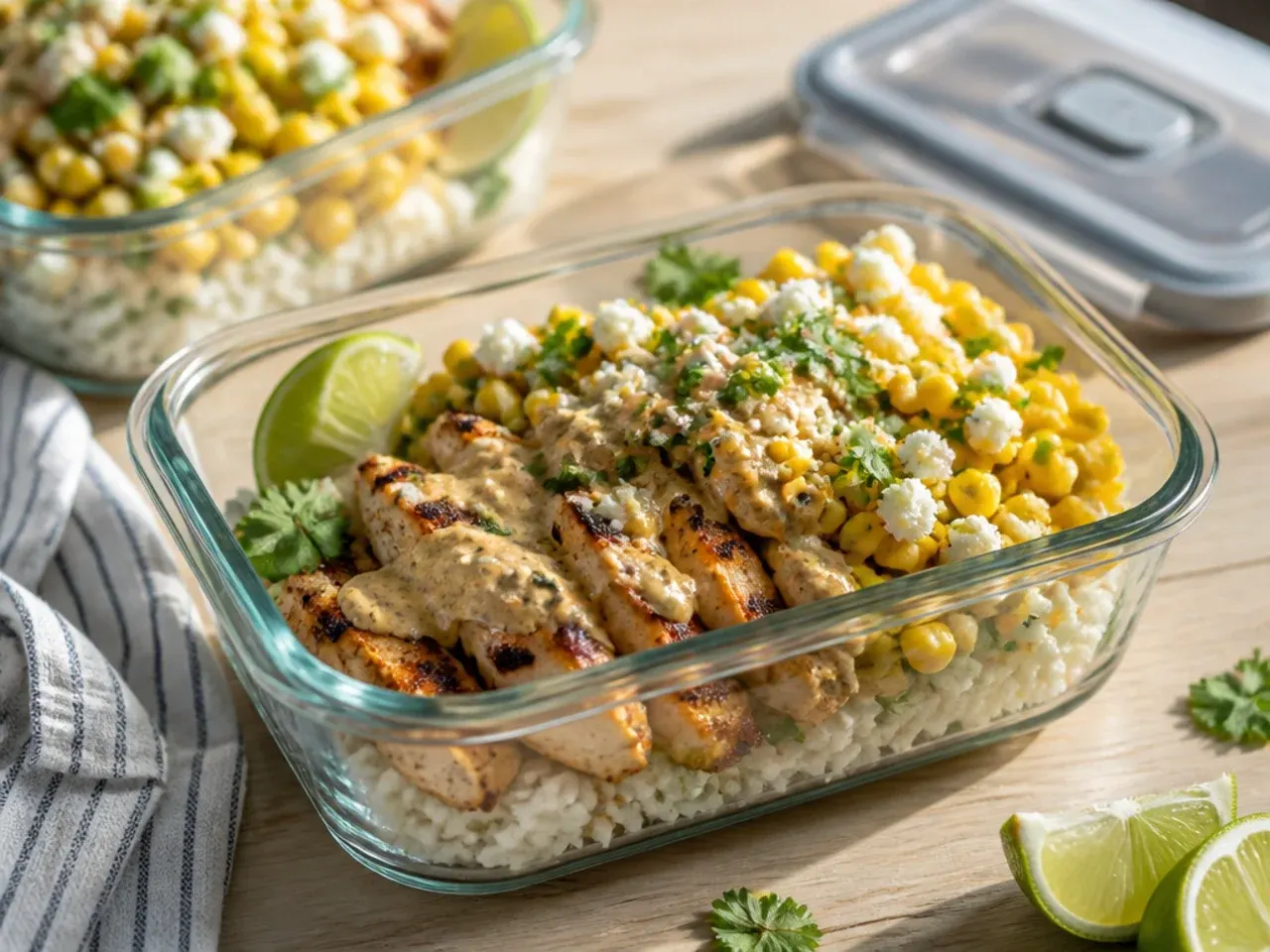 Airtight containers of leftover WW street corn chicken rice bowl components in the fridge
