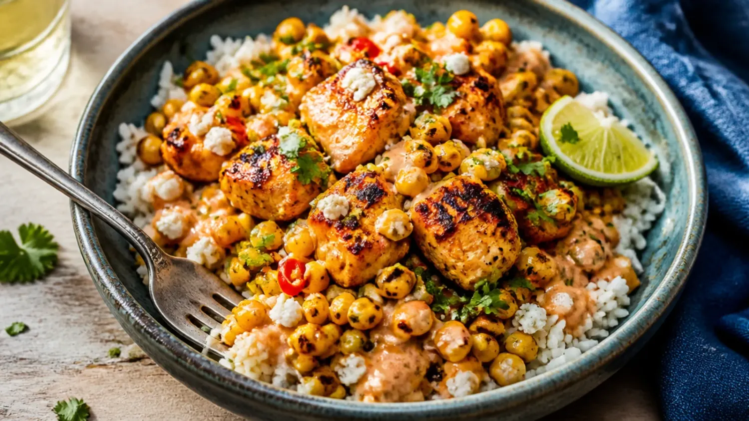 Overhead shot of a zesty street corn chicken rice bowl with charred corn, sliced grilled chicken, avocado and crumbled cotija cheese over rice