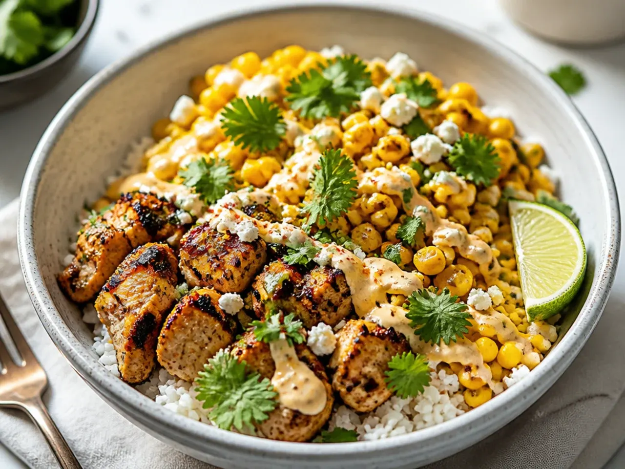 Ingredients for a zesty street corn chicken rice bowl laid out on a wooden board including corn, chicken, lime and cotija cheese