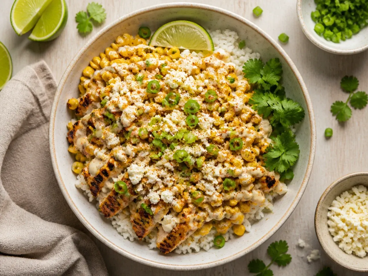 Classic zesty street corn chicken rice bowl with charred corn and creamy sauce