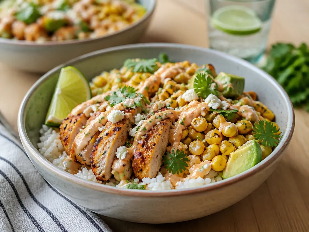 Easy zesty street corn chicken rice bowl using rotisserie chicken and tinned corn