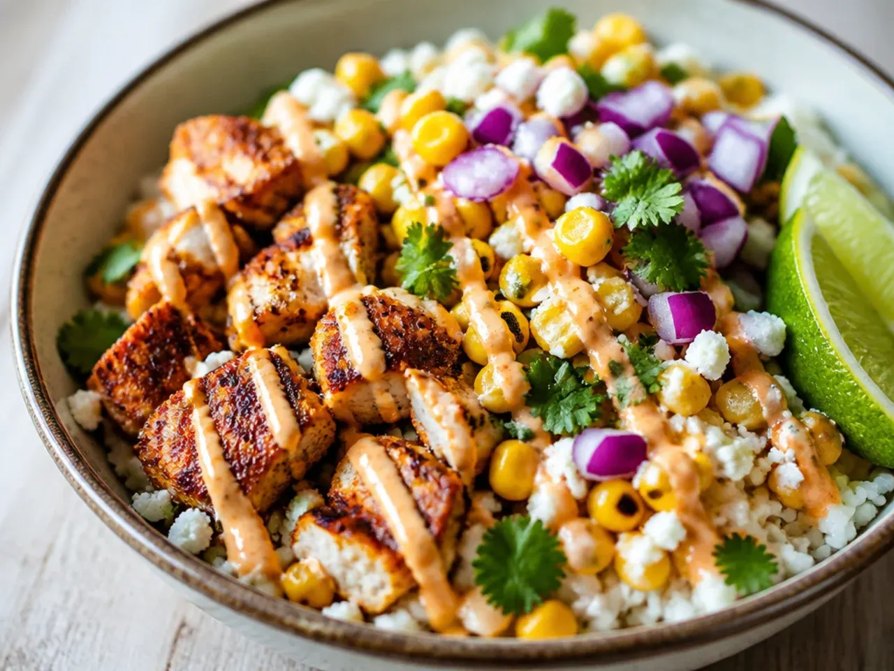 Cozy zesty street corn chicken rice bowl with black beans stirred through rice