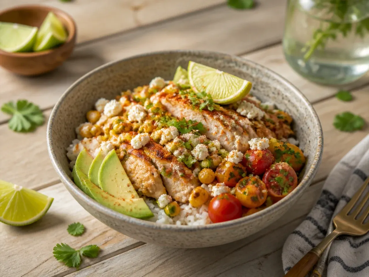 Simple zesty street corn chicken rice bowl with fresh lime and minimal toppings