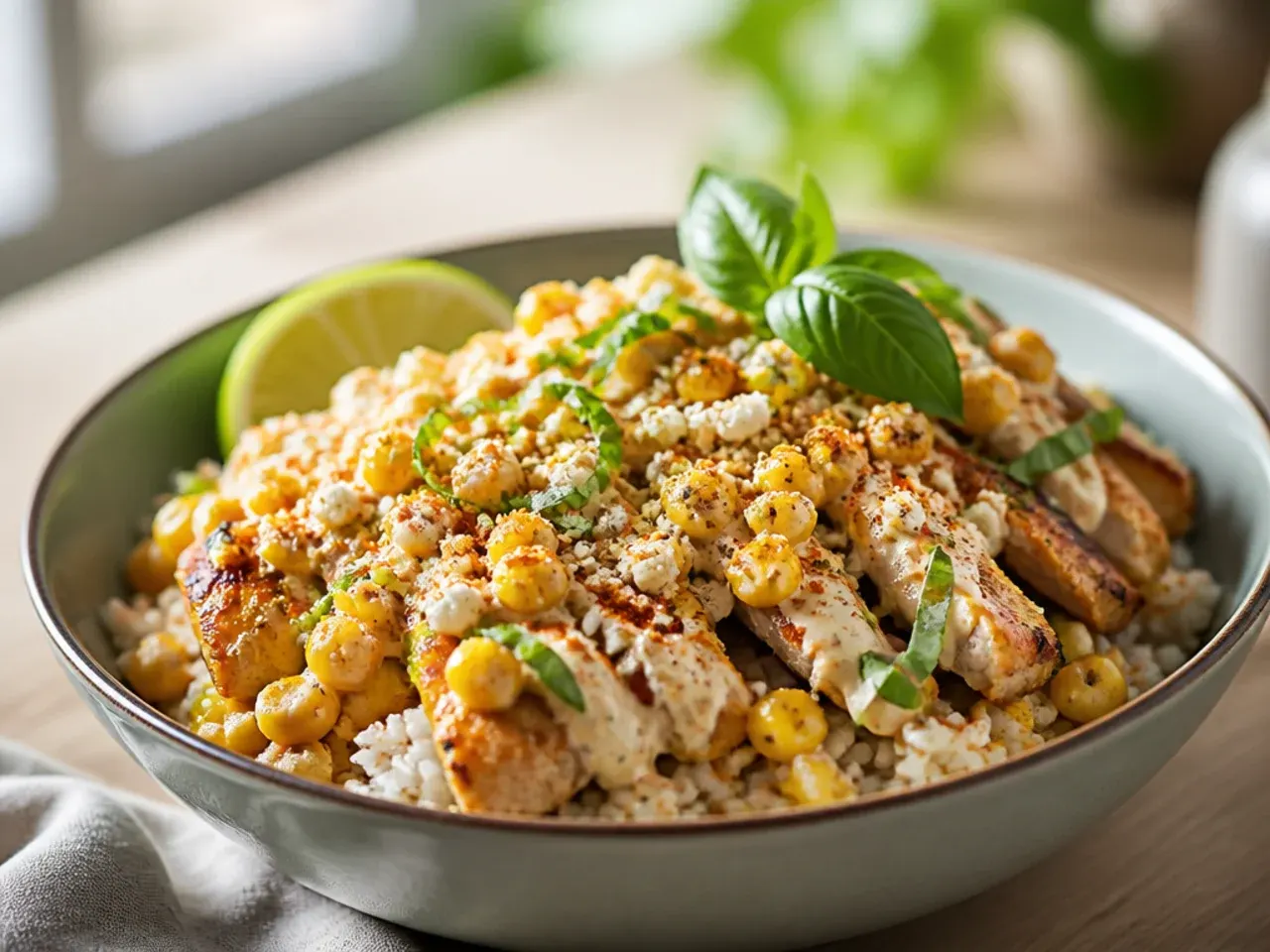 Creamy zesty street corn chicken rice bowl with extra sauce drizzled over