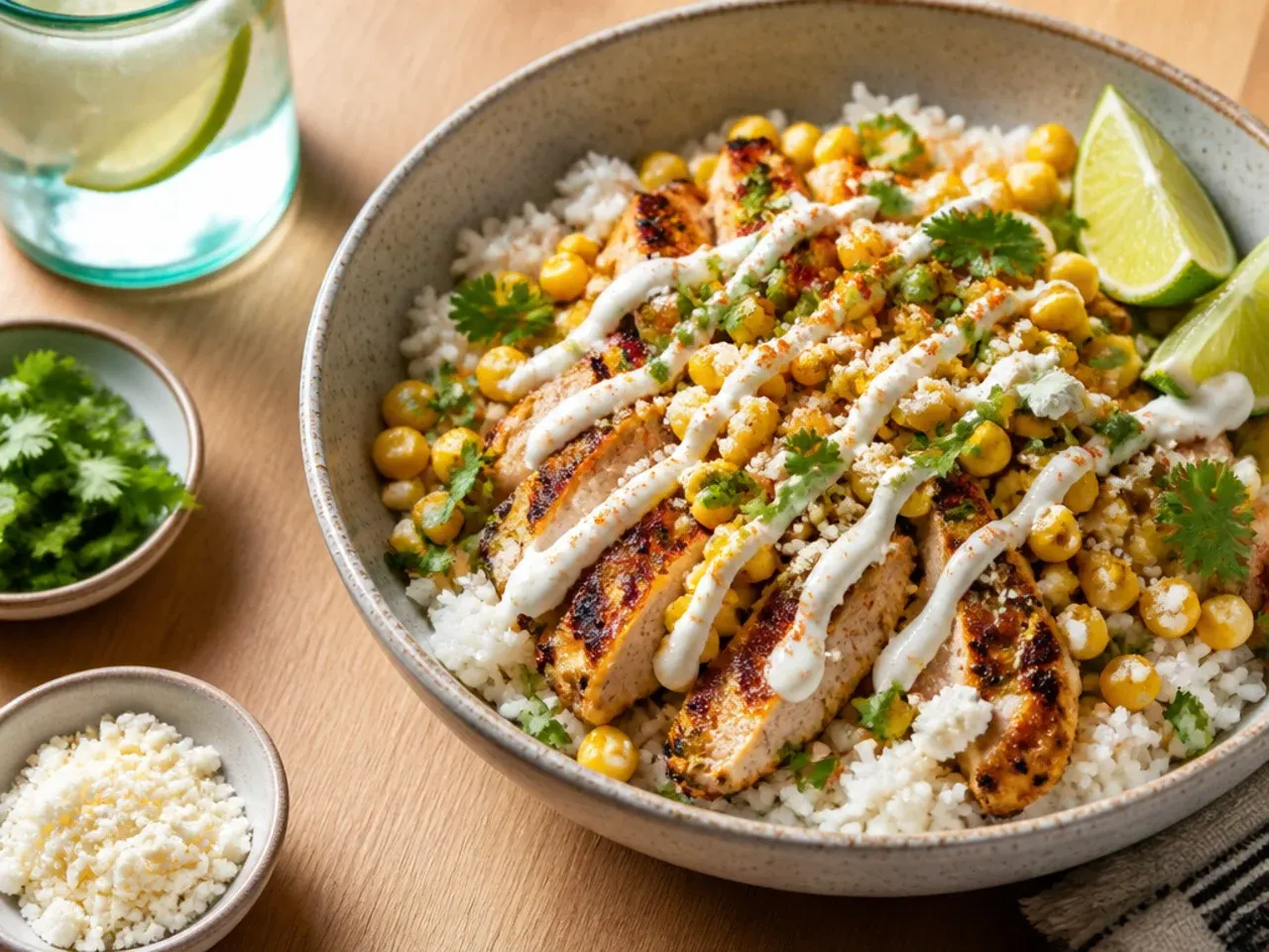 Loaded zesty street corn chicken rice bowl with guacamole, salsa and tortilla chips