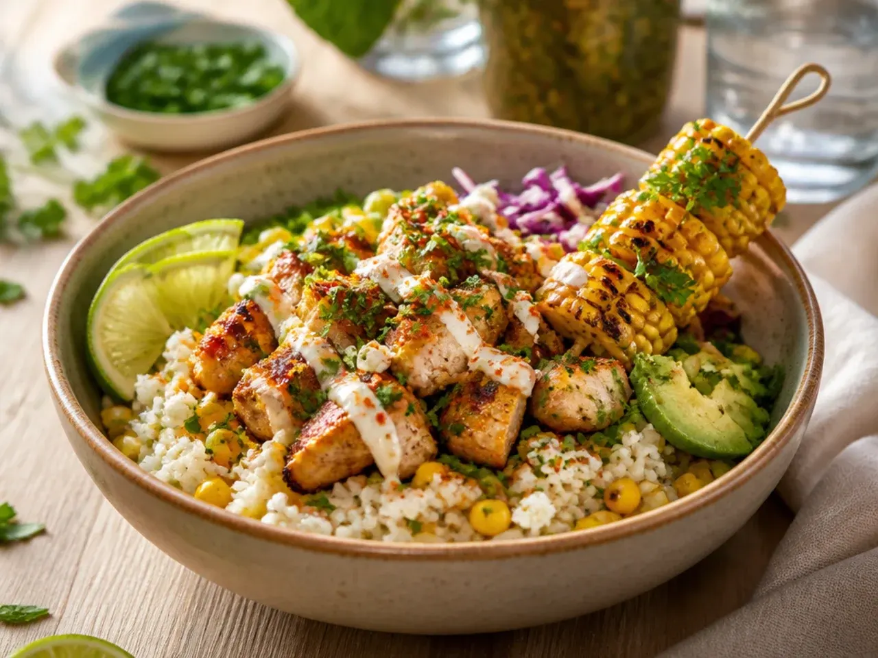 Best-ever zesty street corn chicken rice bowl with grilled corn on the cob and chipotle sauce