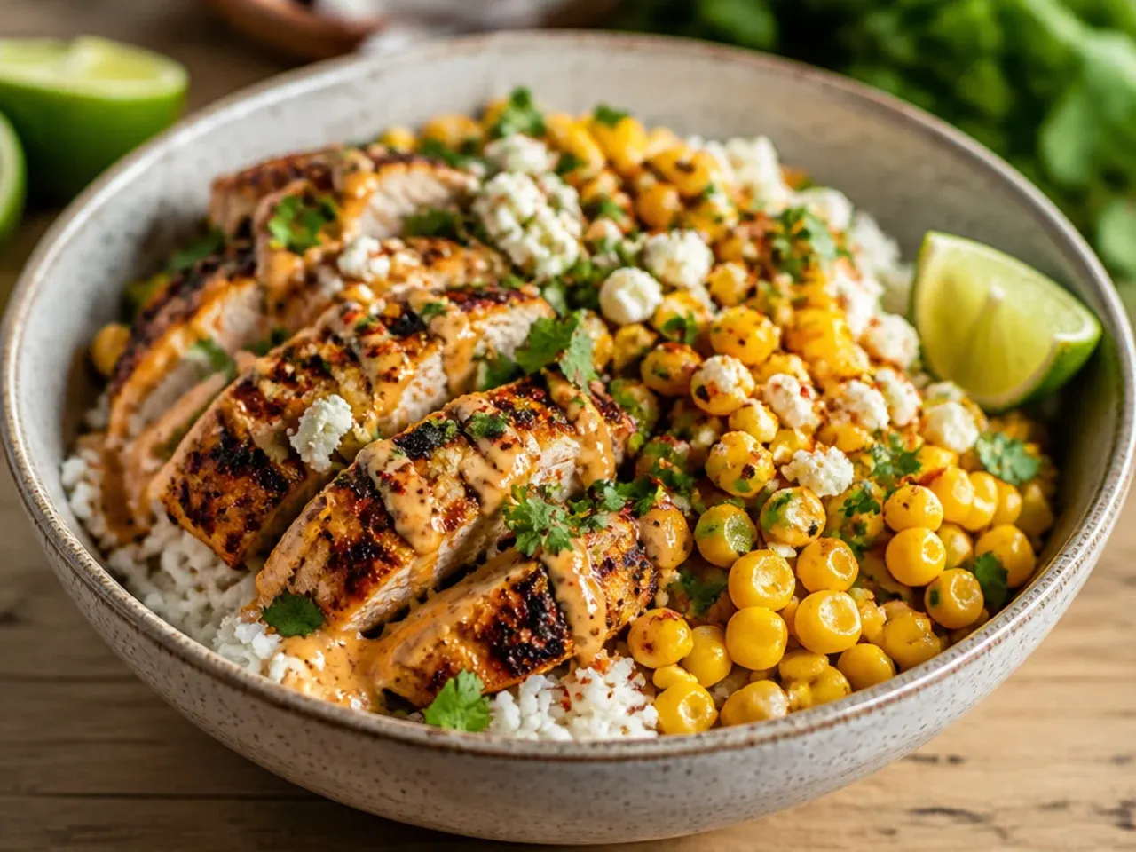 Cheesy zesty street corn chicken rice bowl with melted pepper jack and cotija
