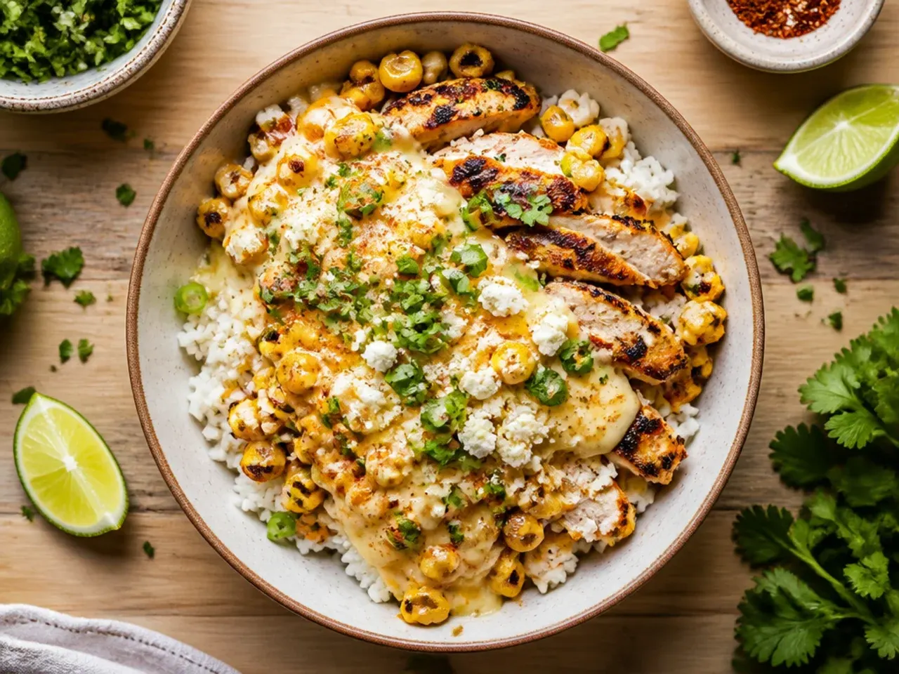 Budget zesty street corn chicken rice bowl made with frozen corn and chicken thighs