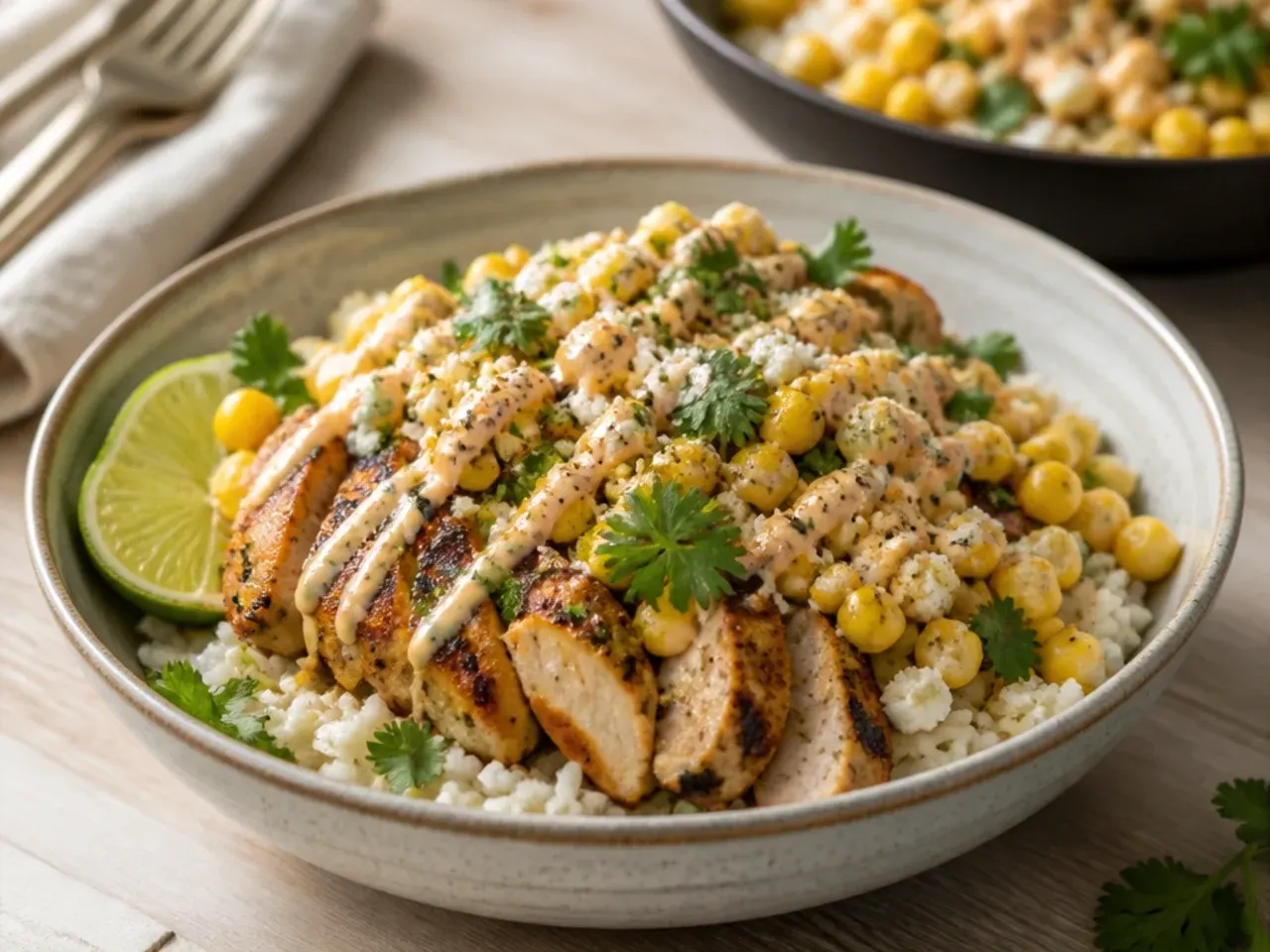 Crowd-pleasing zesty street corn chicken rice bowl bar with separate toppings dishes