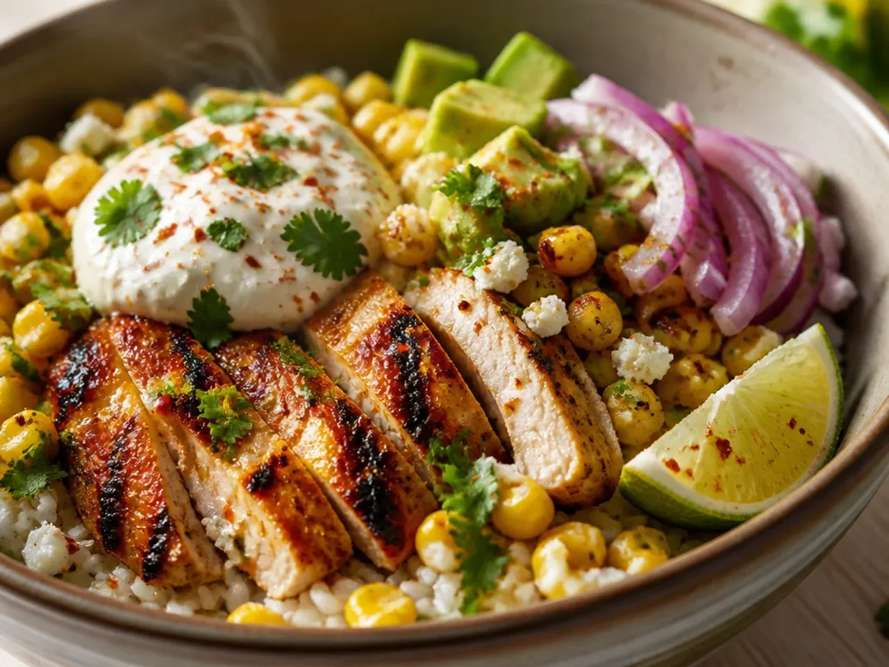 Make-ahead zesty street corn chicken rice bowl components stored in meal prep containers