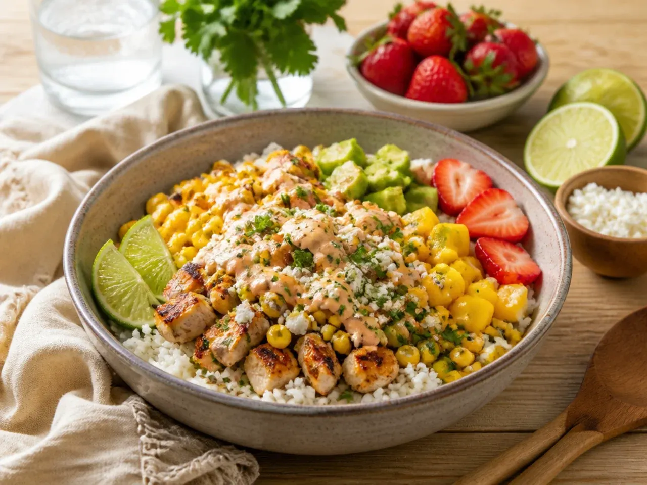 Family zesty street corn chicken rice bowl served mild with chicken strips