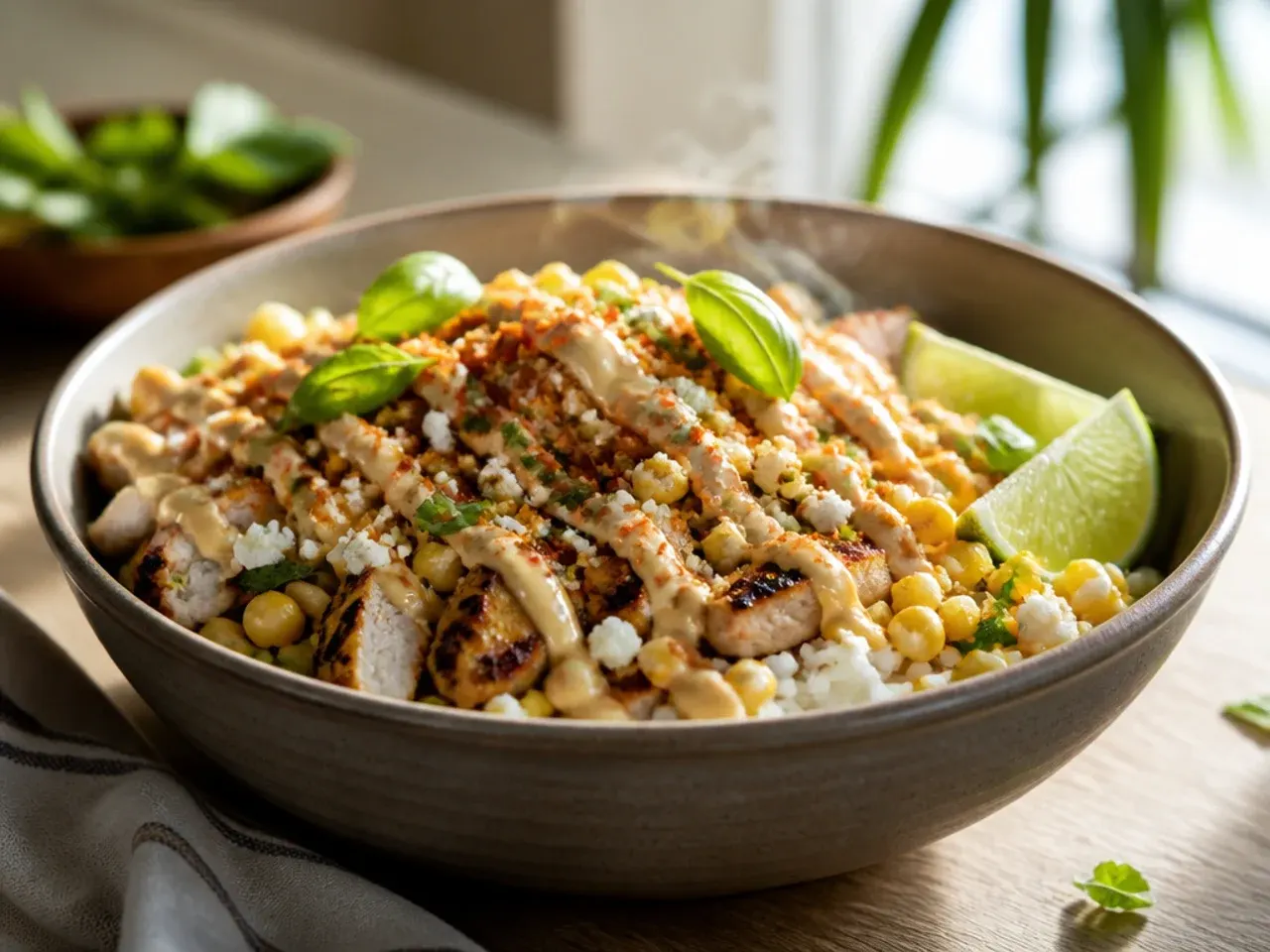 Festive zesty street corn chicken rice bowl served at a barbecue with grilled corn cobs
